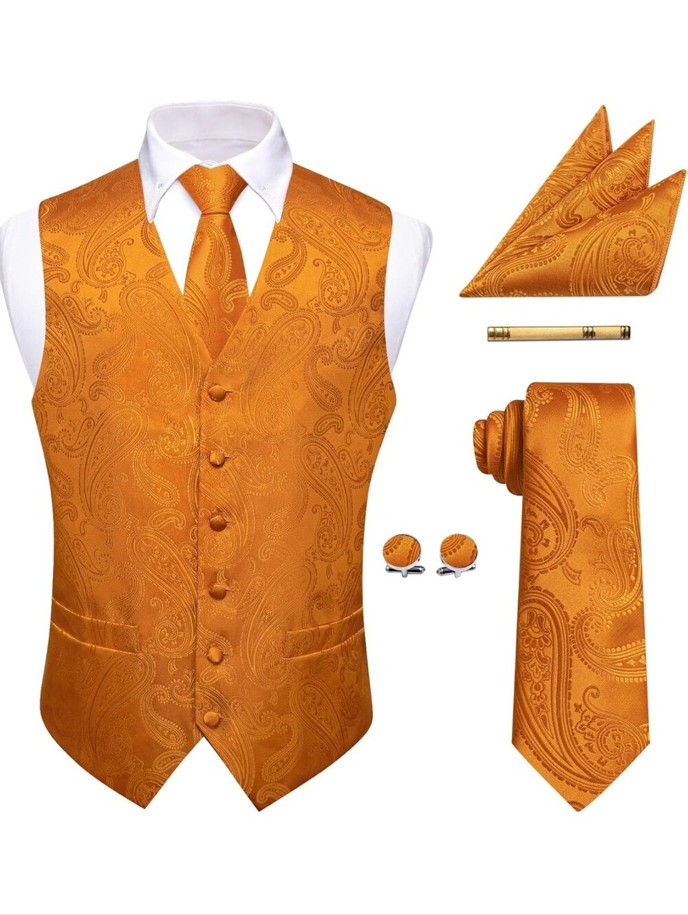 NWT Vibrant Tangerine Burnt Orange Paisley Vest Tie Set Men's 2XL/48R